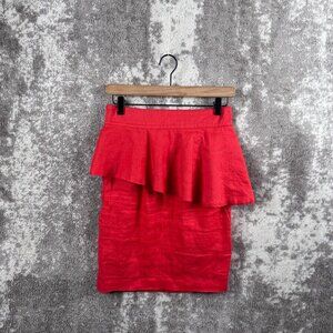 Zara Skirt Small Womens Red Linen Pencil Mini Peplum Stretch